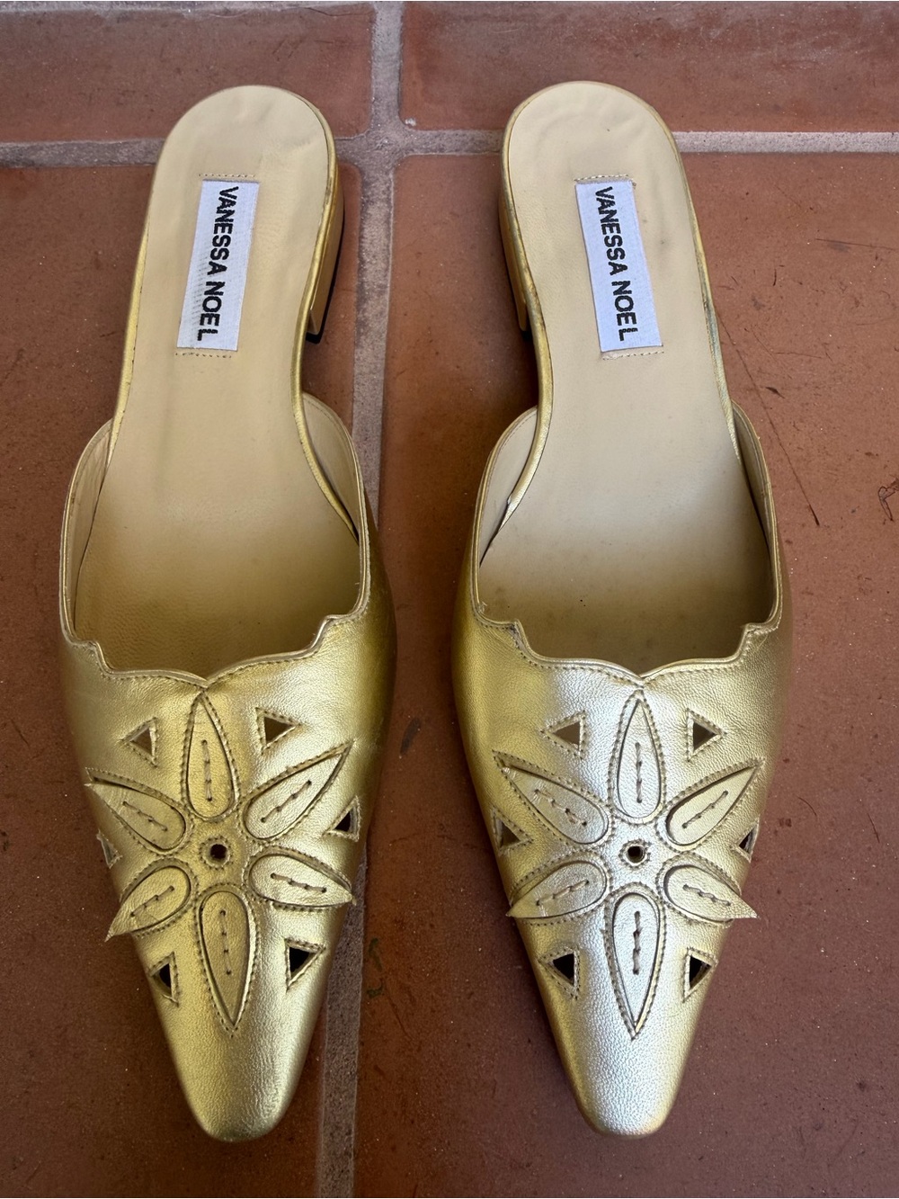 Vanessa Noel Gold Pointed Slip-On low heeled Mules with Cutout Floral Detail